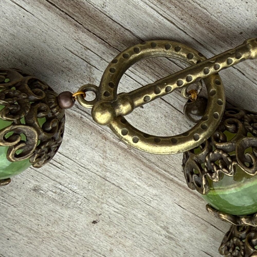 Chunky Green Jade Gemstone Bracelet With Bronze A… - image 2